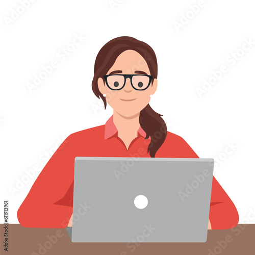 Business woman lady entrepreneur in a suit working on a laptop computer at her clean and sleek office desk. Flat vector illustration isolated on white background