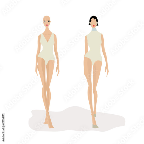 Full body female beautiful model walking pose with slim fit body suit. 9Headed proportation fashion sketch. Elegance vintage restro style design. Silhouette dark and light skintone. Fashion sket EPS, 