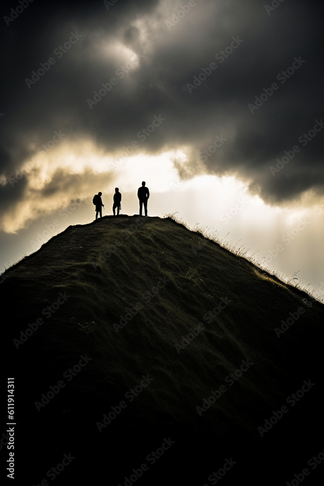 silhouettes of a persons on a mountain top