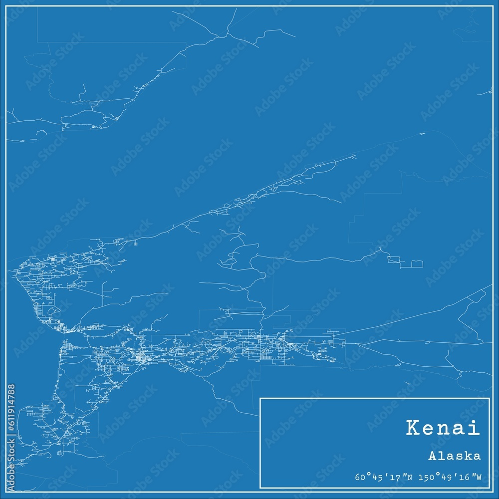 Blueprint US city map of Kenai, Alaska.