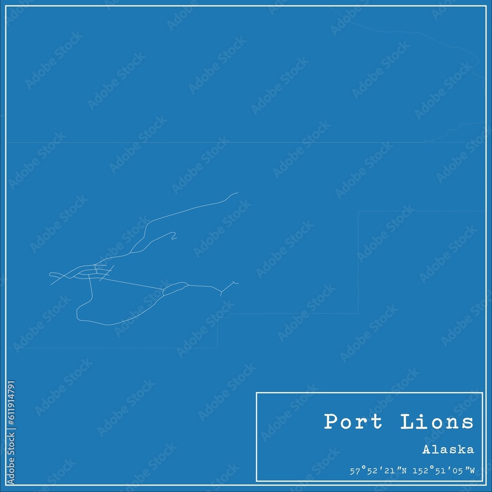 Blueprint US city map of Port Lions, Alaska.