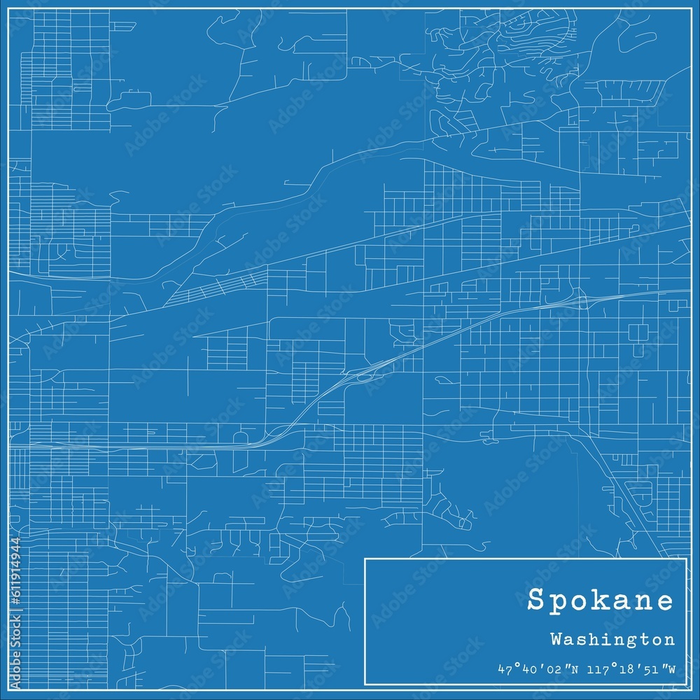 Blueprint US city map of Spokane, Washington.