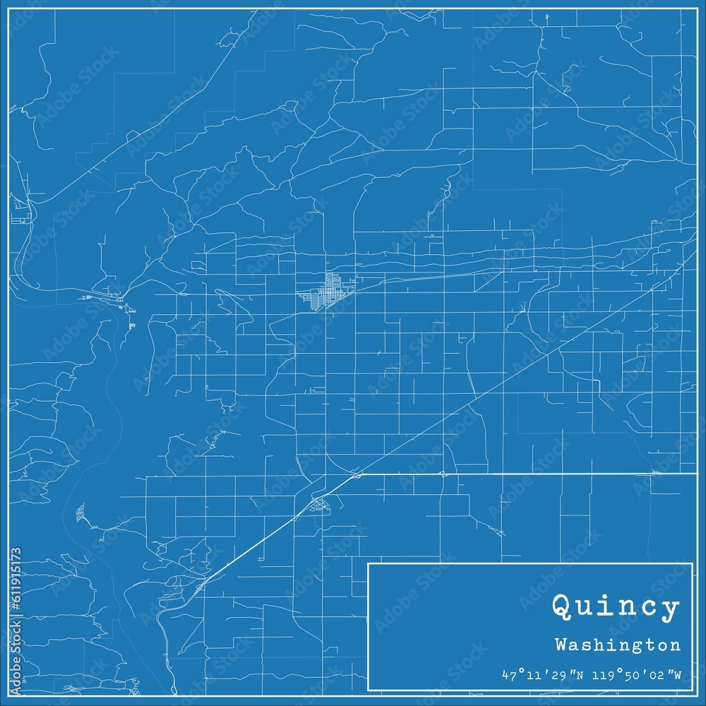 Blueprint US city map of Quincy, Washington.