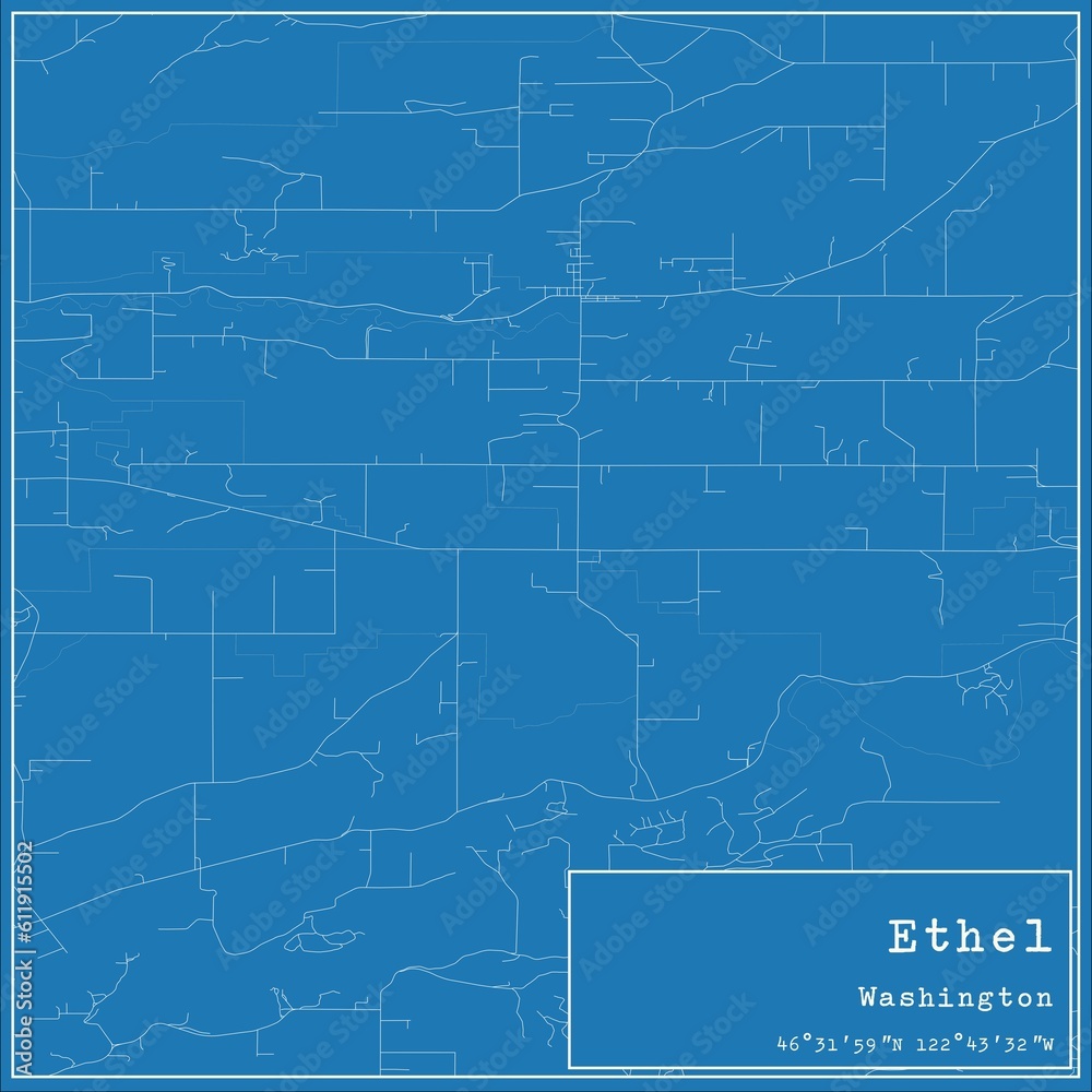 Blueprint US city map of Ethel, Washington.