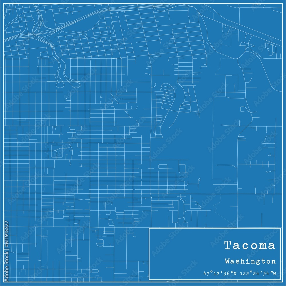 Blueprint US city map of Tacoma, Washington.