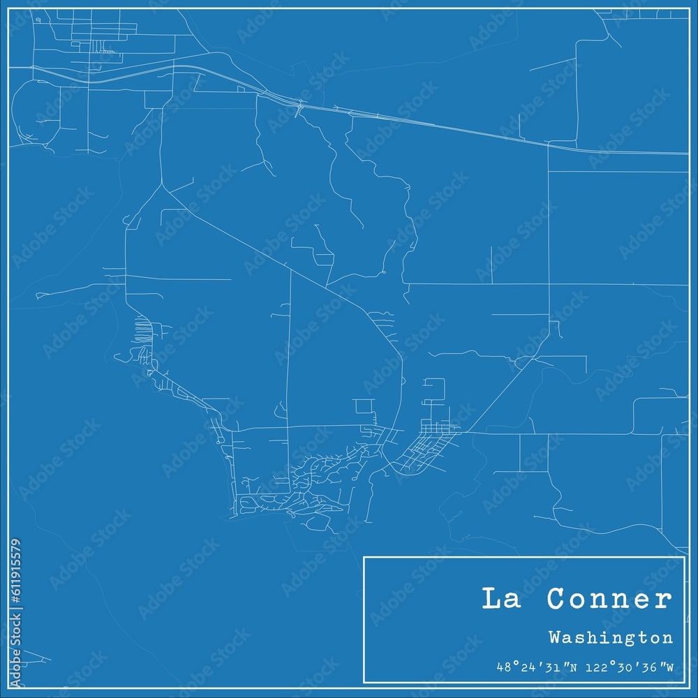 Blueprint US city map of La Conner, Washington.