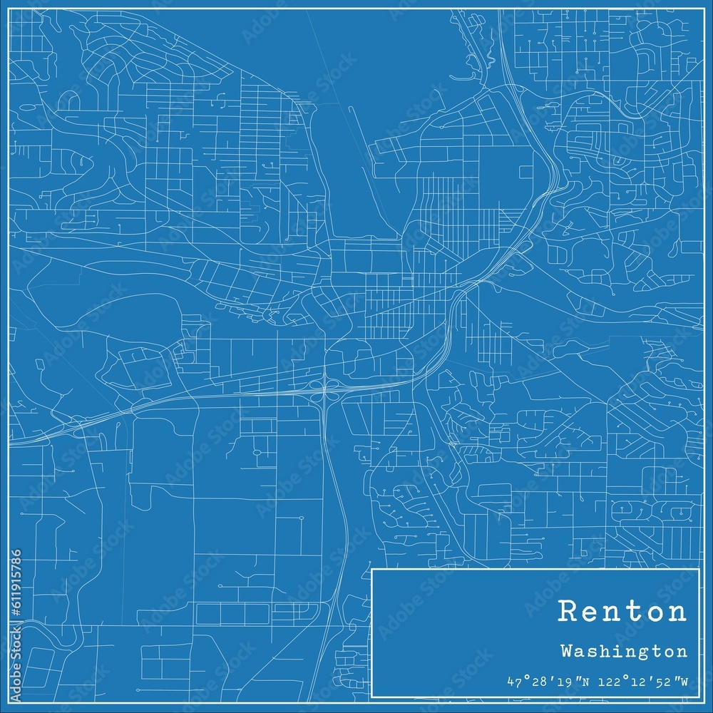 Blueprint US city map of Renton, Washington.