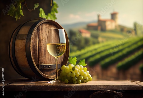 Glass of white wine on a barrel in the countryside. Generative AI.