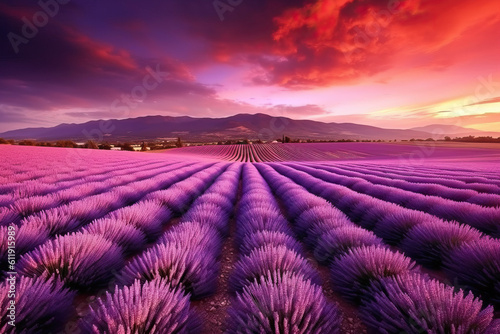 Fairy tale landscape of bright purple blooming landscape.