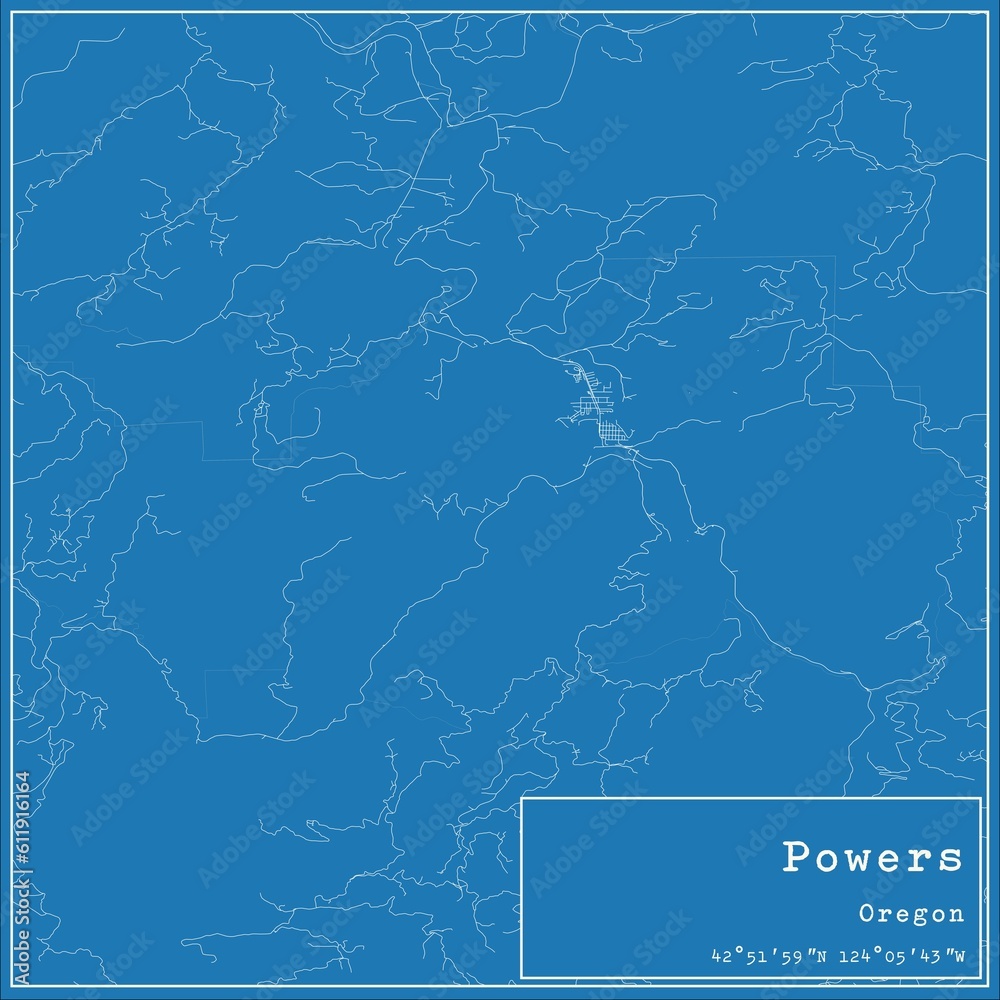 Blueprint US city map of Powers, Oregon.