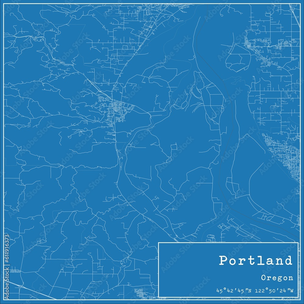 Blueprint US city map of Portland, Oregon.