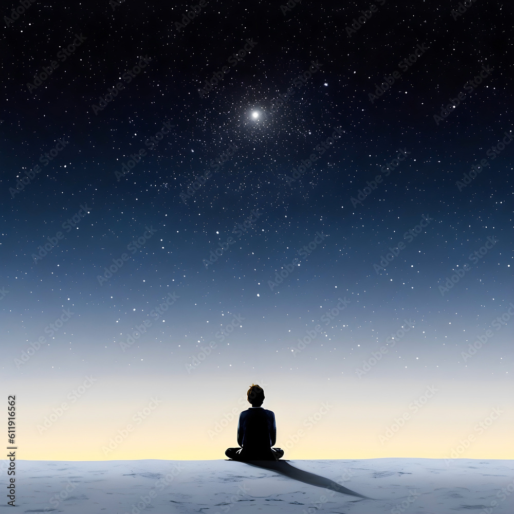 A man look at the night sky, stars and moon with depression feeling A man look at the night sky, stars and moon with depression feeling