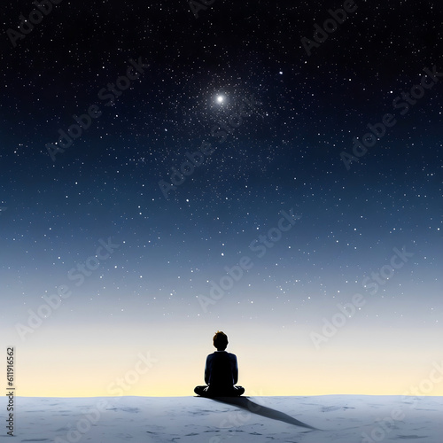 A man look at the night sky, stars and moon with depression feeling