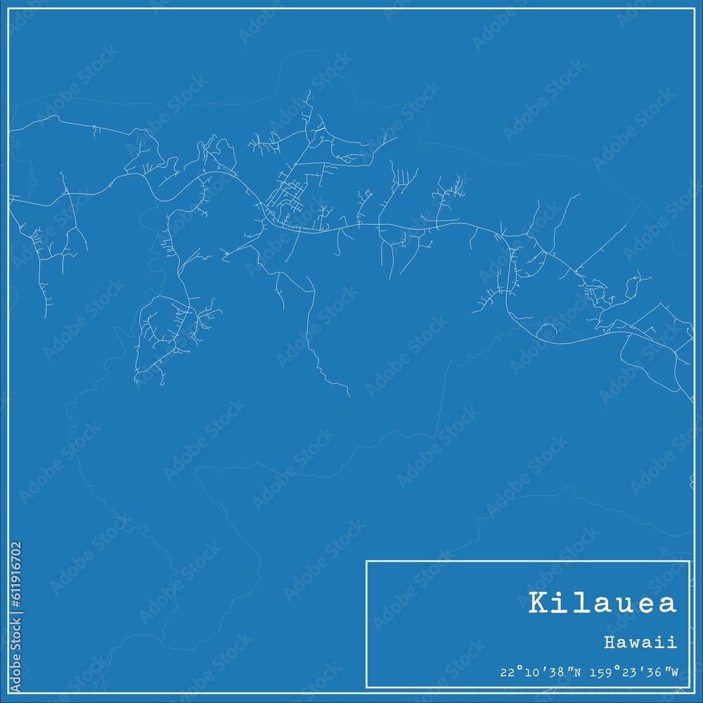 Blueprint US city map of Kilauea, Hawaii.