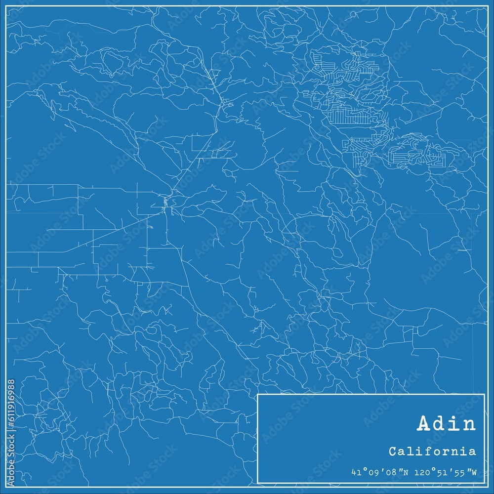 Blueprint US city map of Adin, California.