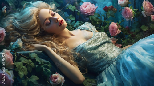 fantasy woman sleeping beauty sleep on the bed,  mystical garden wthis peonies flowers. Fairy girl princess. generative AI tools 