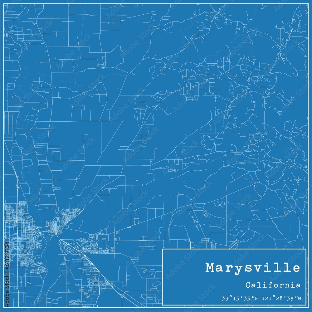 Blueprint US city map of Marysville, California.