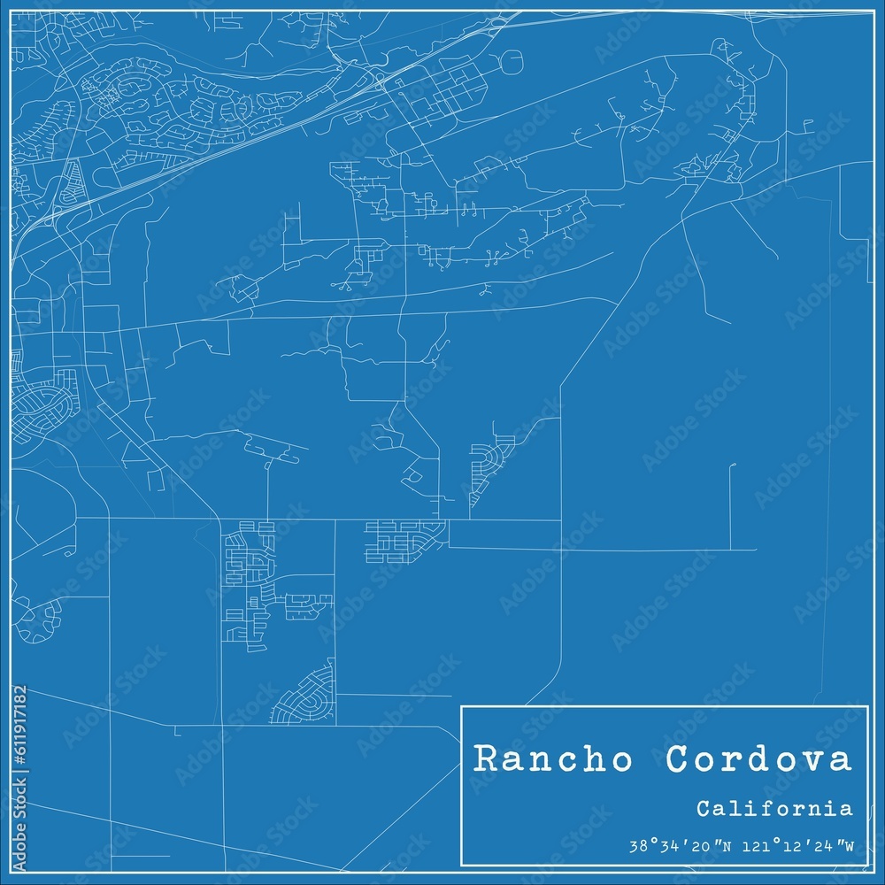 Blueprint US city map of Rancho Cordova, California.
