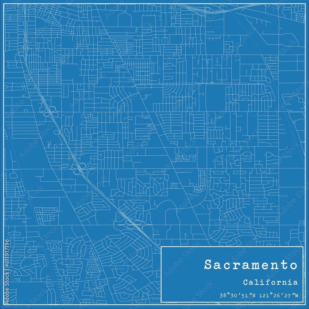 Blueprint US city map of Sacramento, California.