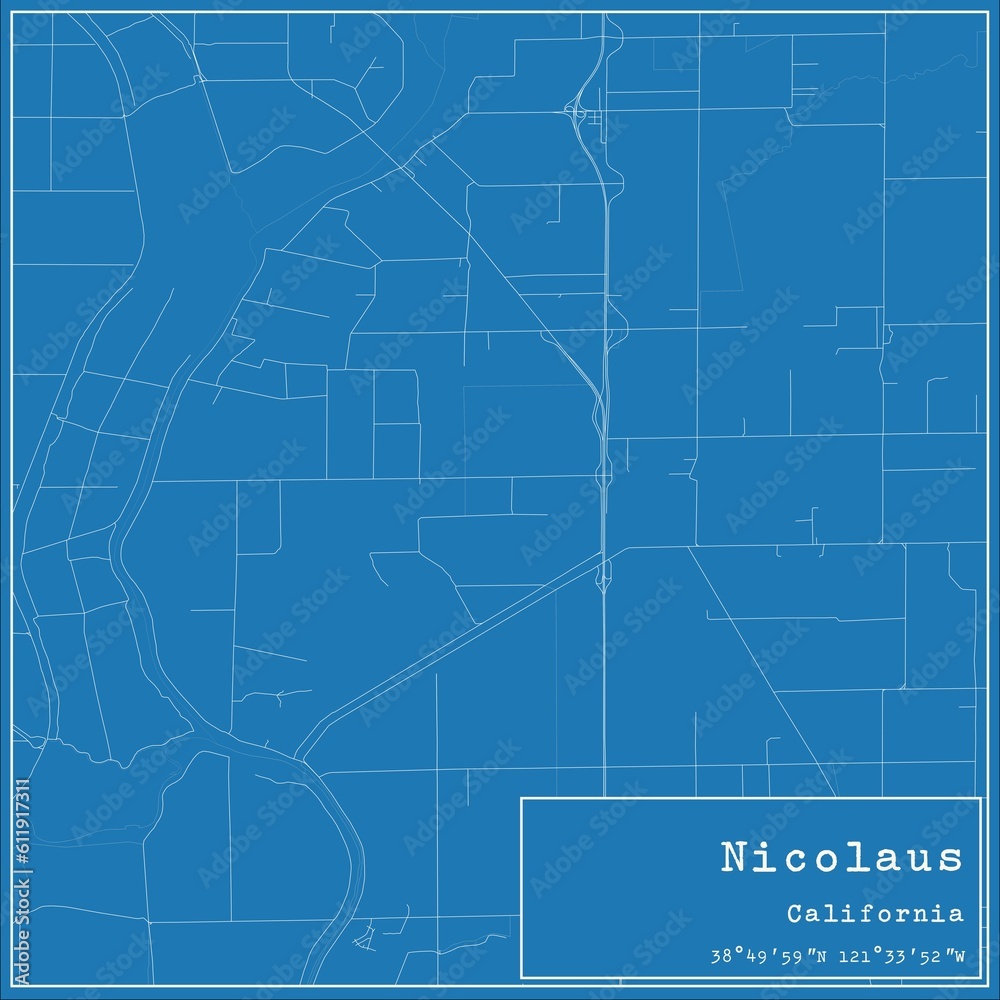 Blueprint US city map of Nicolaus, California.