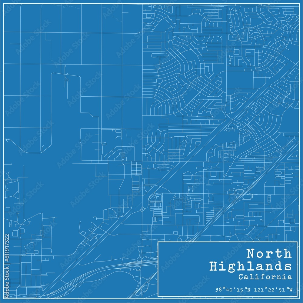 Blueprint US city map of North Highlands, California.