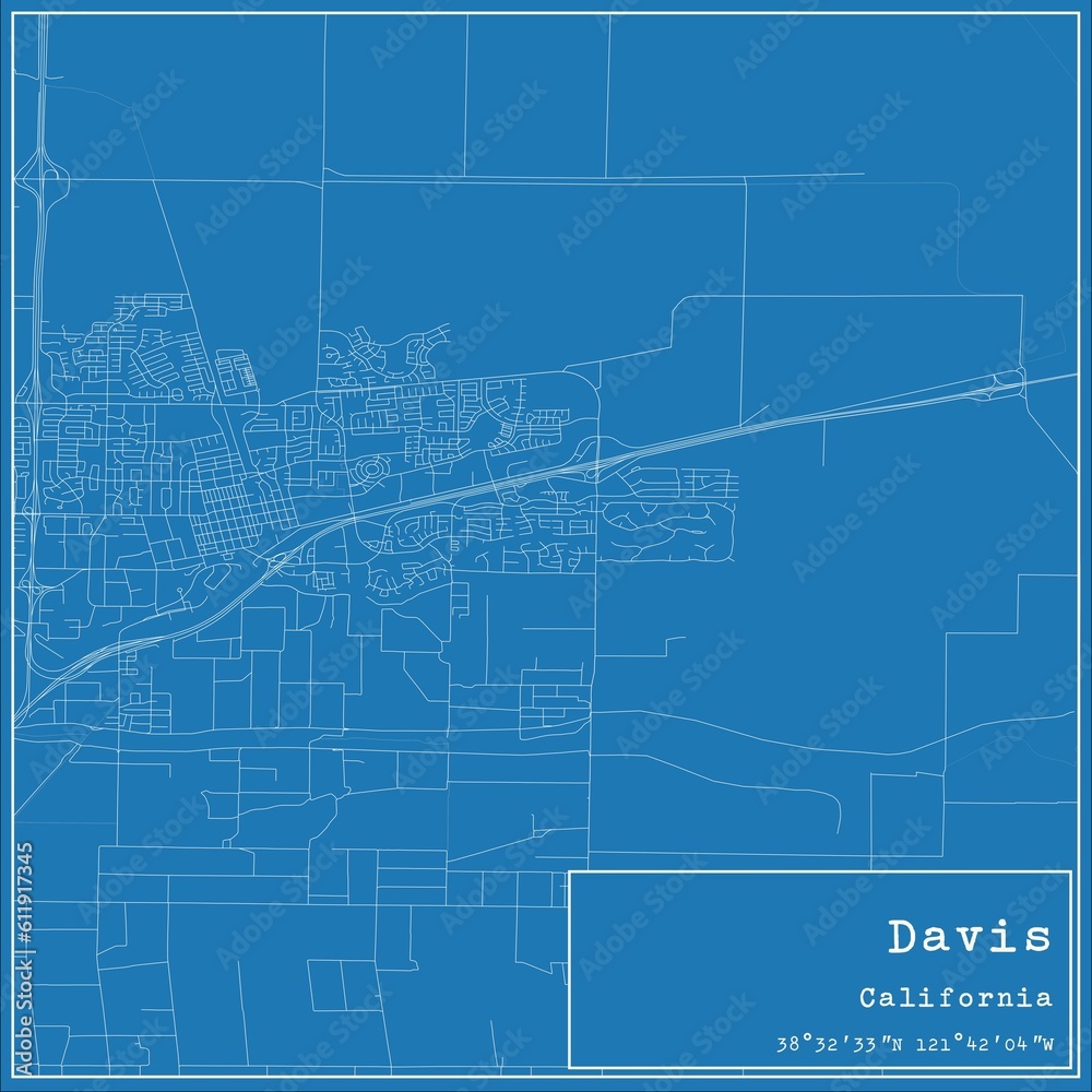 Blueprint US city map of Davis, California.