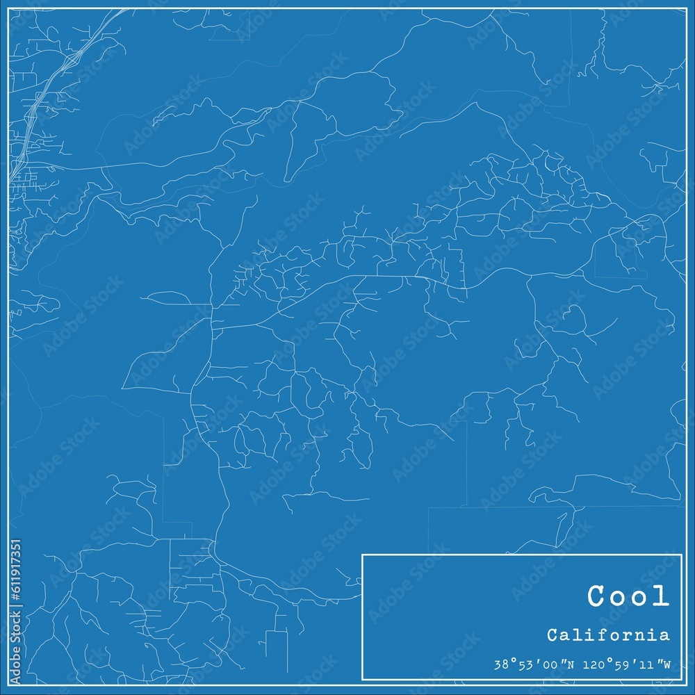 Blueprint US city map of Cool, California.