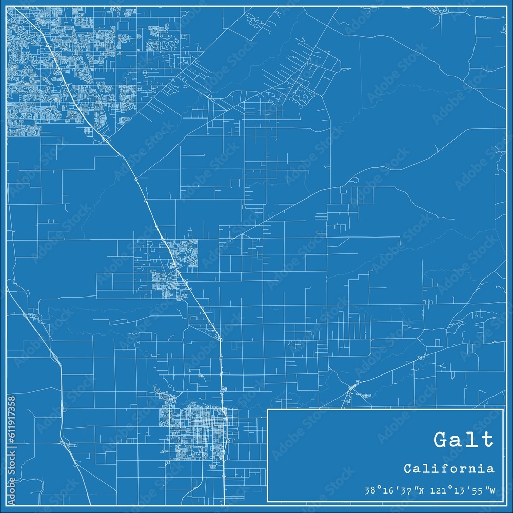 Blueprint US city map of Galt, California.