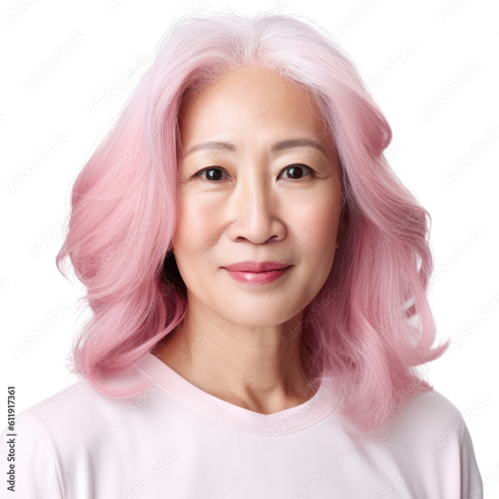 Portrait of an Asian senior woman with pastel color hair isolated on transparent background, PNG. Generative AI Portrait of an Asian senior woman with pastel color hair isolated on transparent background, PNG. Generative AI