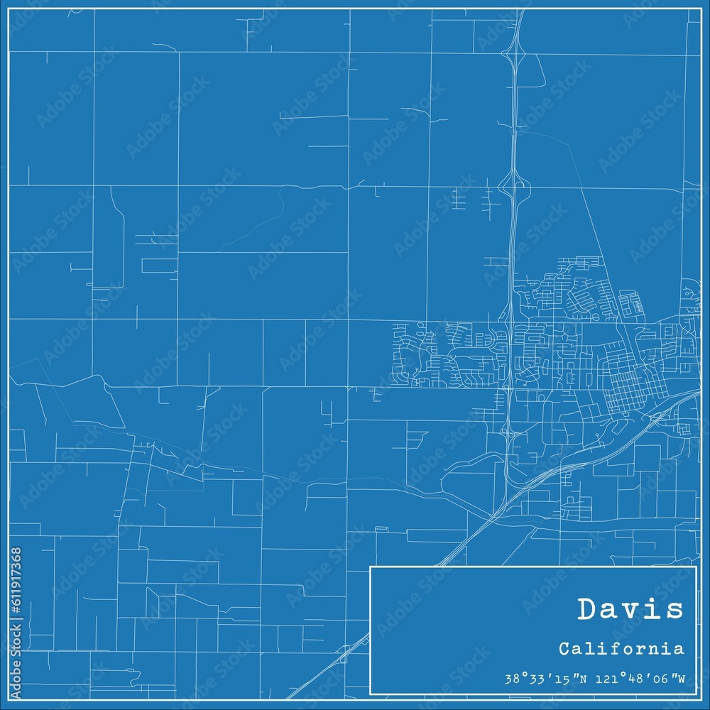 Blueprint US city map of Davis, California.