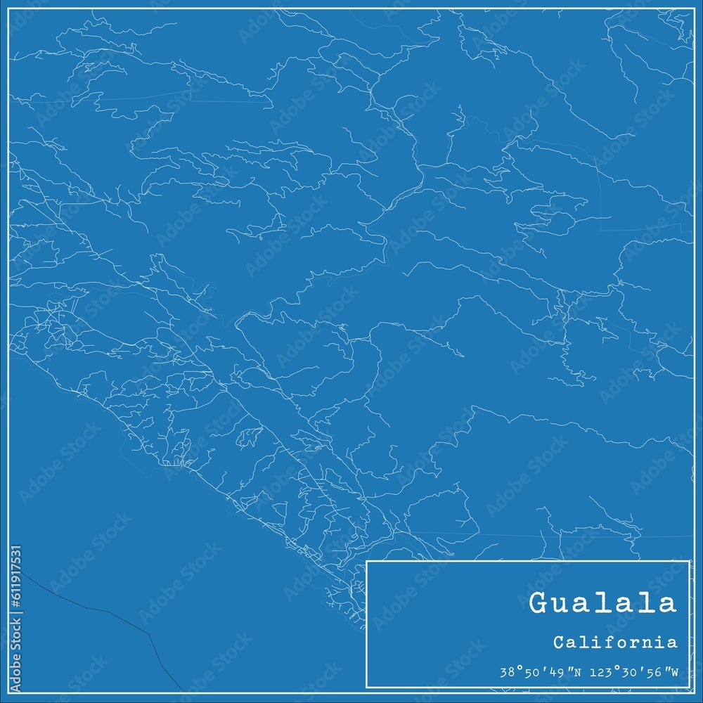 Blueprint US city map of Gualala, California.