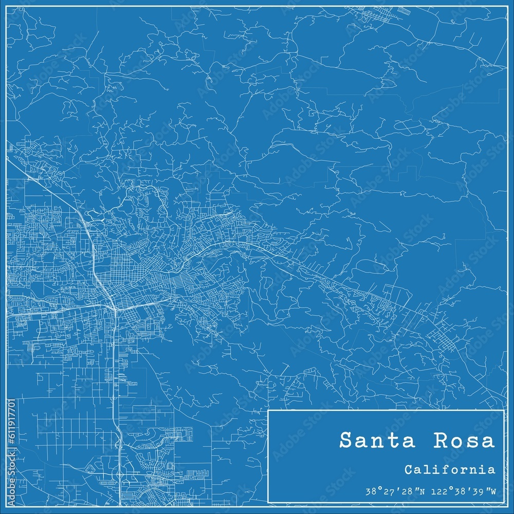 Blueprint US city map of Santa Rosa, California.