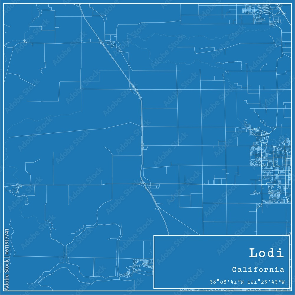 Blueprint US city map of Lodi, California.