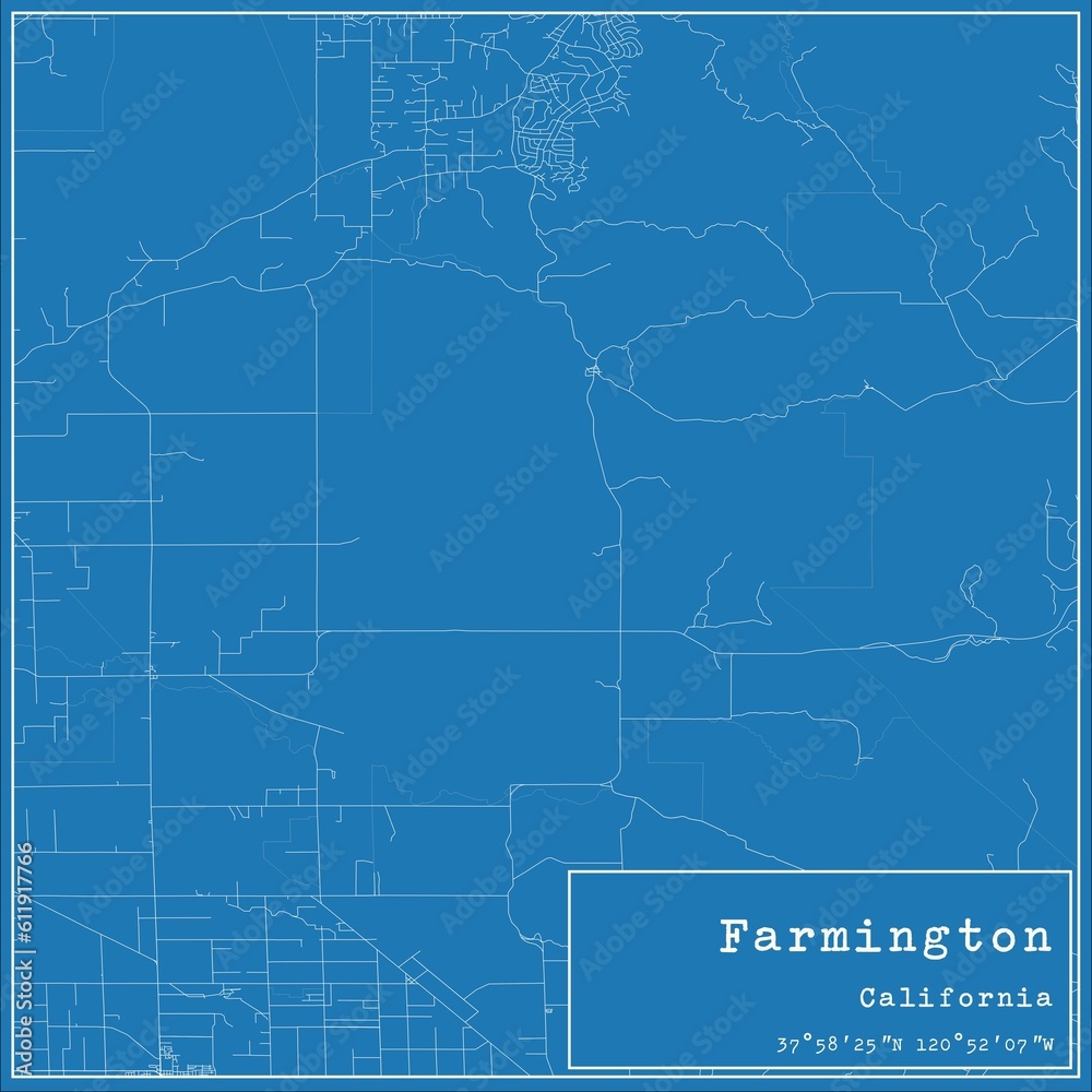 Blueprint US city map of Farmington, California.