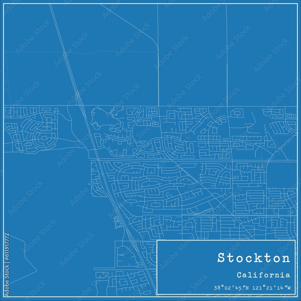 Blueprint US city map of Stockton, California.
