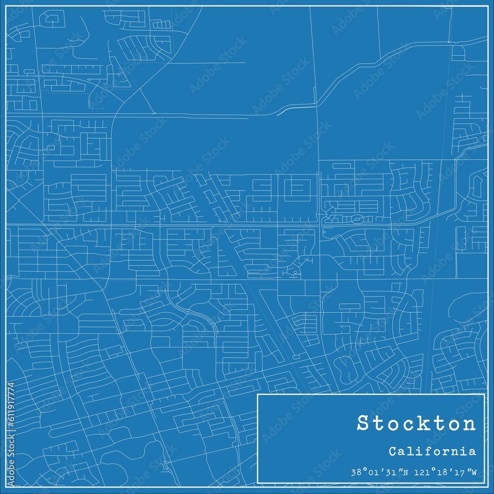 Blueprint US city map of Stockton, California.