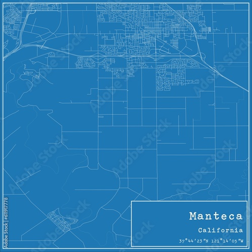 Blueprint US city map of Manteca, California.