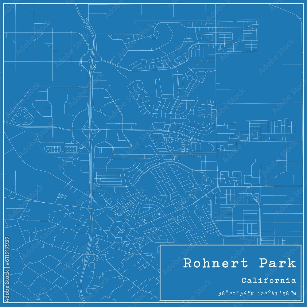 Blueprint US city map of Rohnert Park, California.