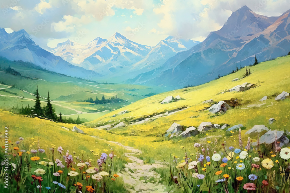 Drawn natural landscape, mountain view on a summer day.
