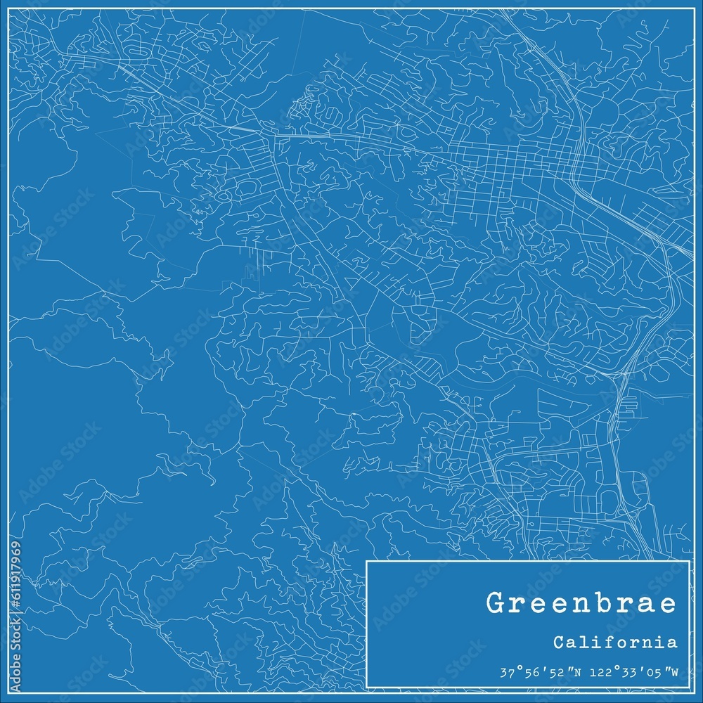 Blueprint US city map of Greenbrae, California.