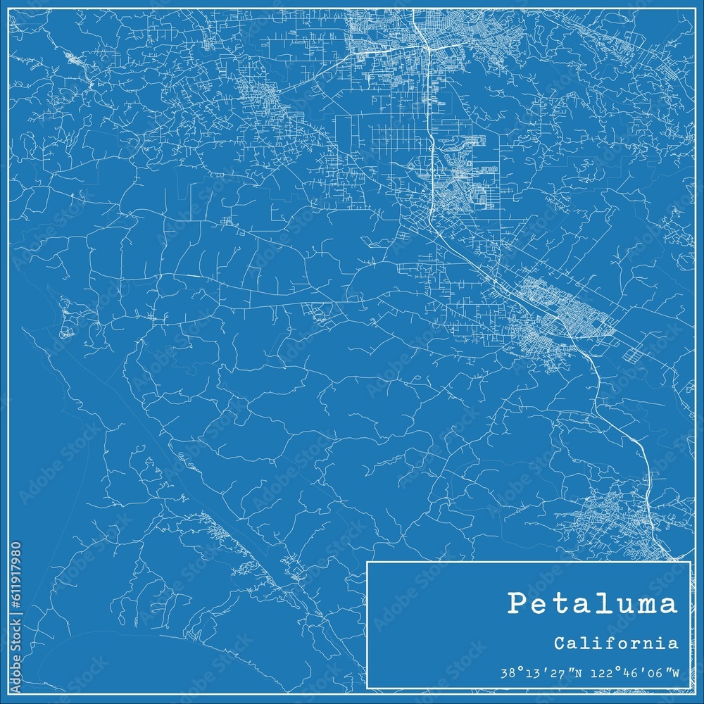 Blueprint US city map of Petaluma, California.