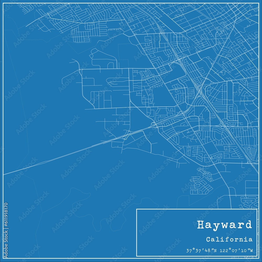 Blueprint US city map of Hayward, California.