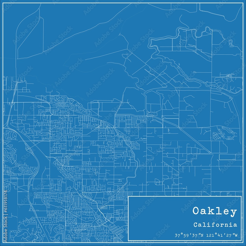 Blueprint US city map of Oakley, California.