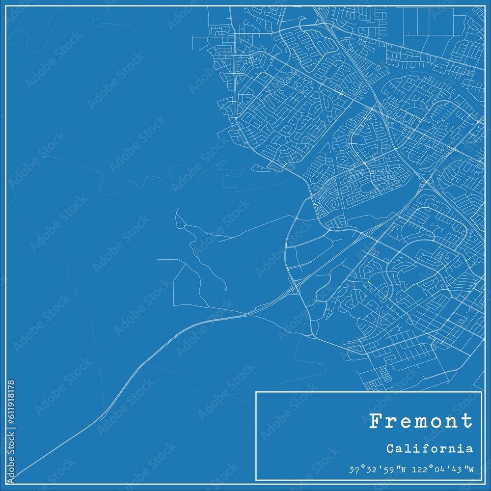 Blueprint US city map of Fremont, California.