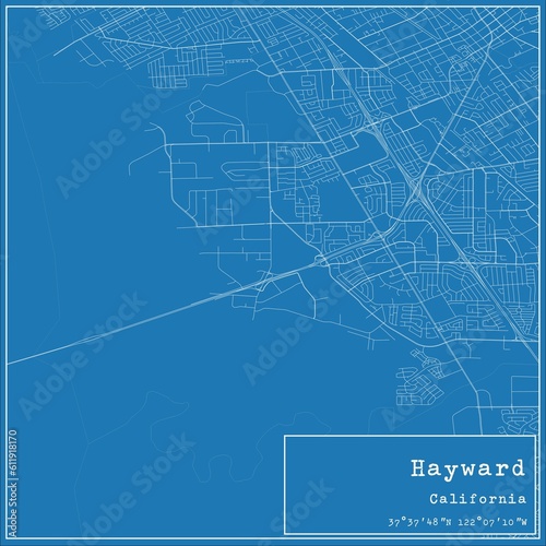 Blueprint US city map of Hayward, California.