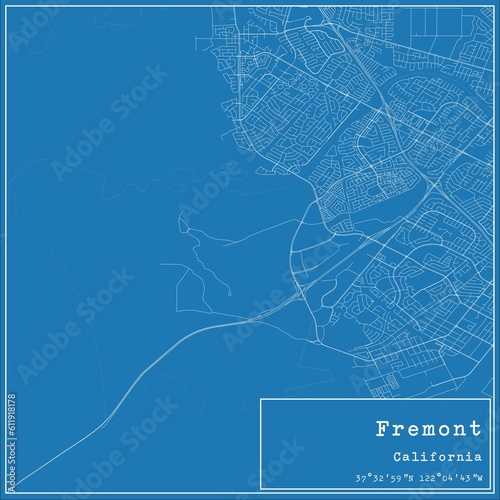 Blueprint US city map of Fremont, California.