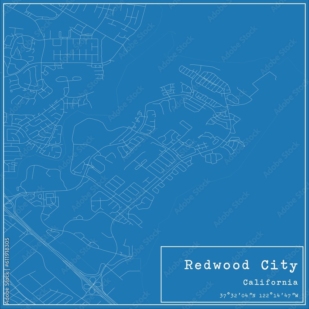 Blueprint US city map of Redwood City, California.