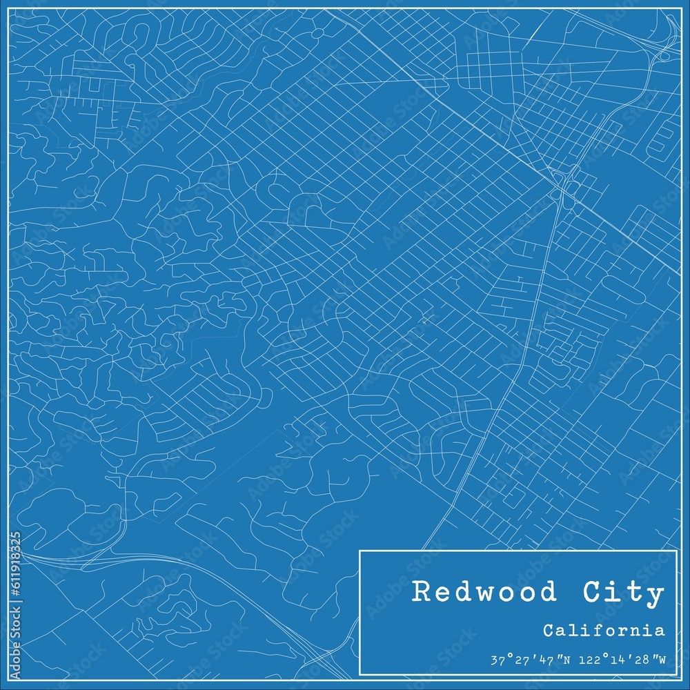 Blueprint US city map of Redwood City, California.
