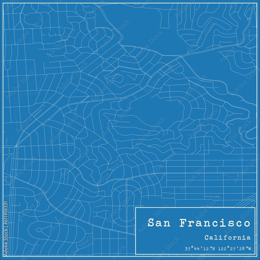 Blueprint US city map of San Francisco, California.