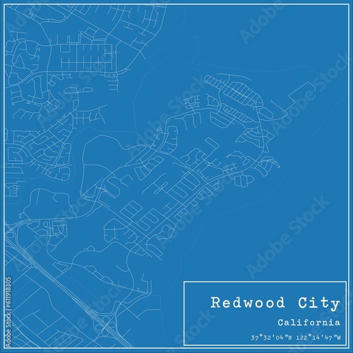 Blueprint US city map of Redwood City, California.